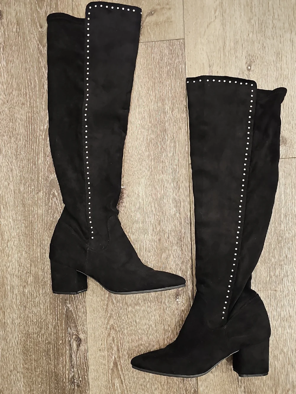 [Like NEW] Sexy Black Studded Over-the-Knee Boots Block Heel SZ 10 Wide Calf